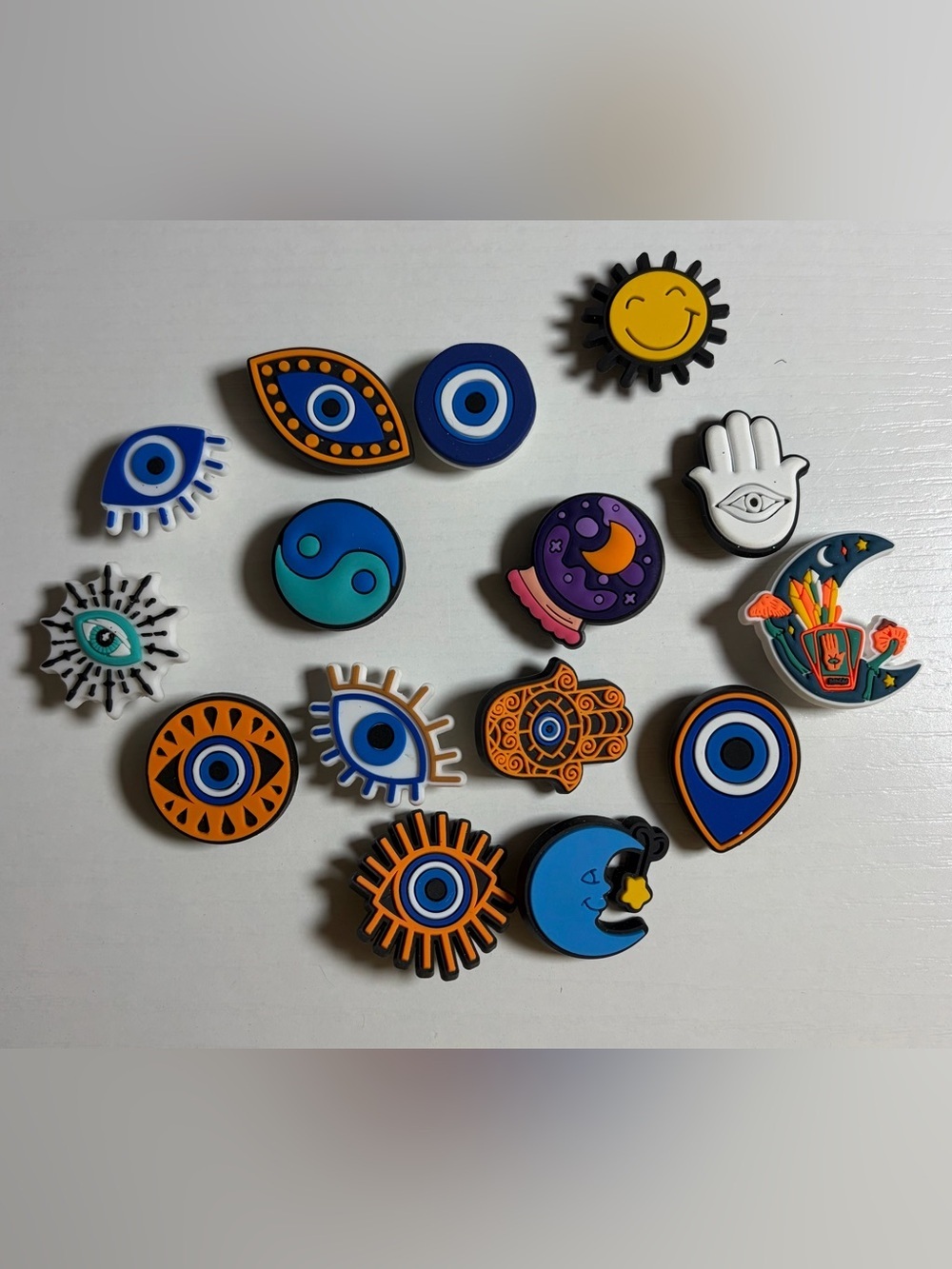 🆕 Assorted Blue & Orange Jibbitz - Eye, Moon & Hamsa Motifs
